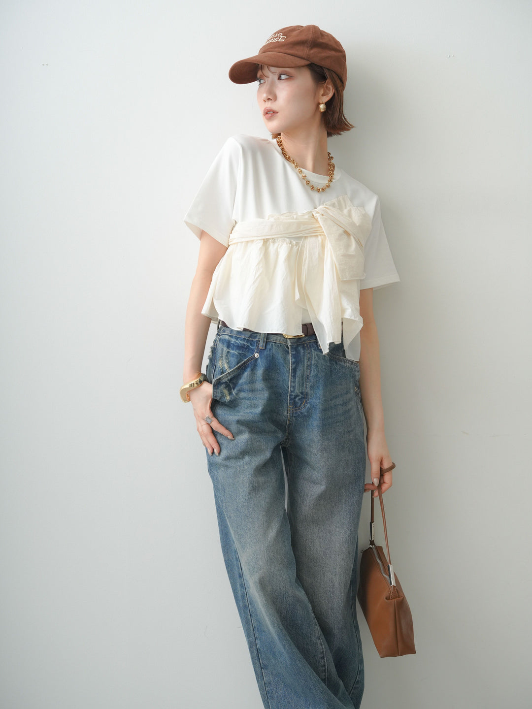[SET]ナイロンドッキングツイストTEE +ストーンウォッシュルーズフィットデニム(2set)