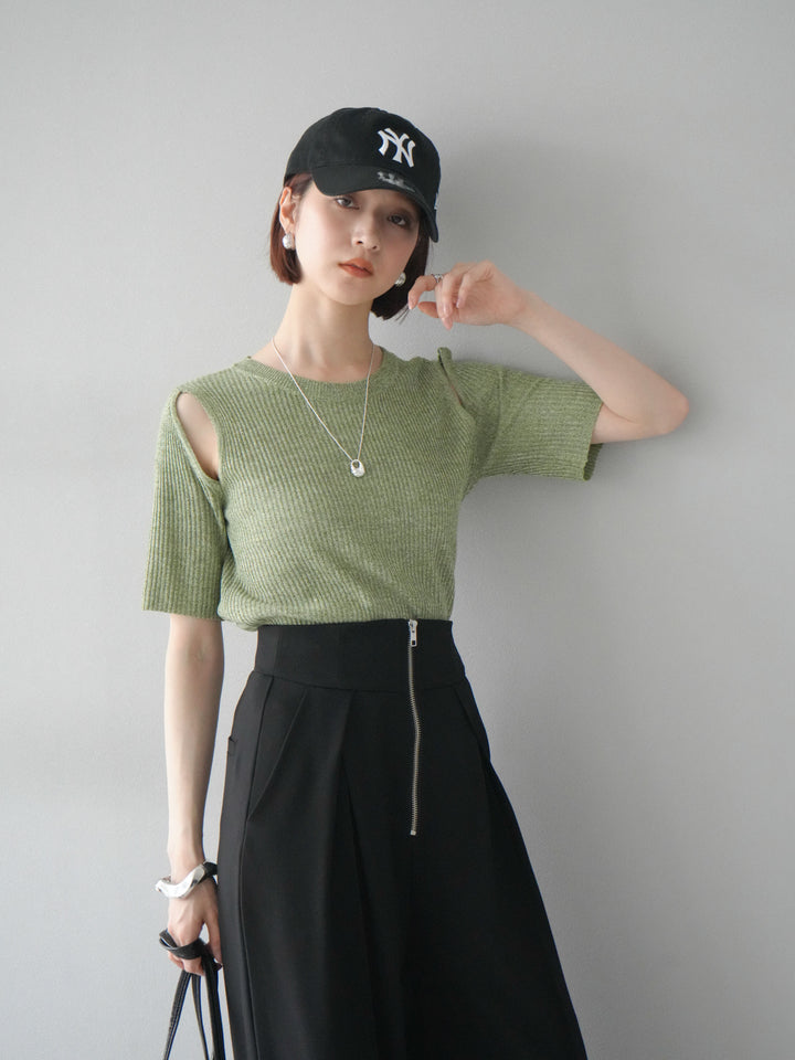 [予約]MIXニットショルダースリットプルオーバー/グリーン