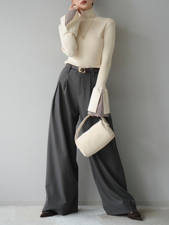 [SET] 疊層喇叭袖高領針織上衣 + 雙褶寬褲 (2 套)