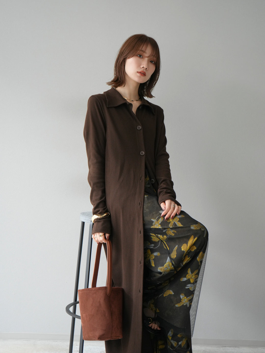 [予約]襟付きカットリブボタンワンピース/ブラウン