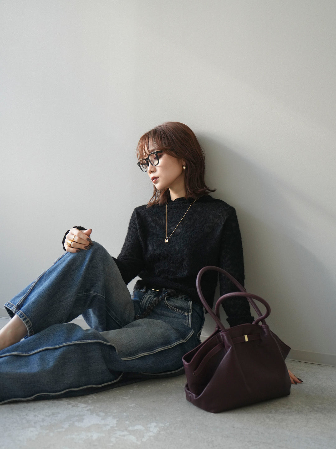 [予約]起毛レースプチネックトップス/black