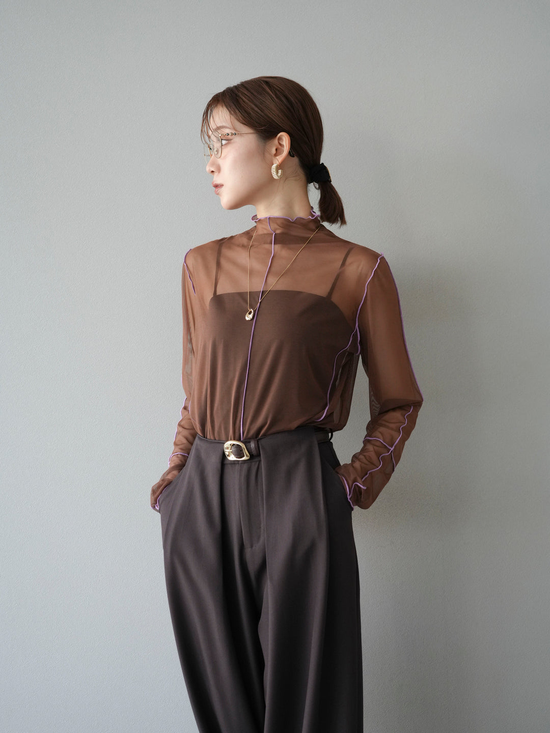 [予約]シアーパイピングカットソー/ダークブラウン×ラベンダー