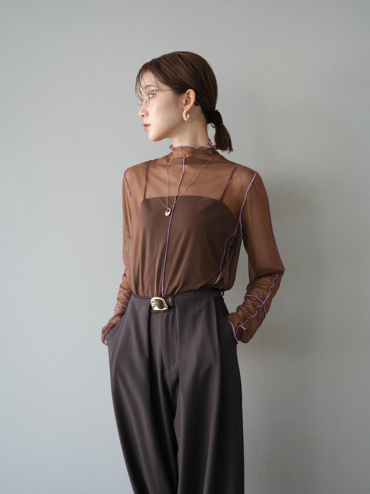 [予約]シアーパイピングカットソー/ダークブラウン×ラベンダー