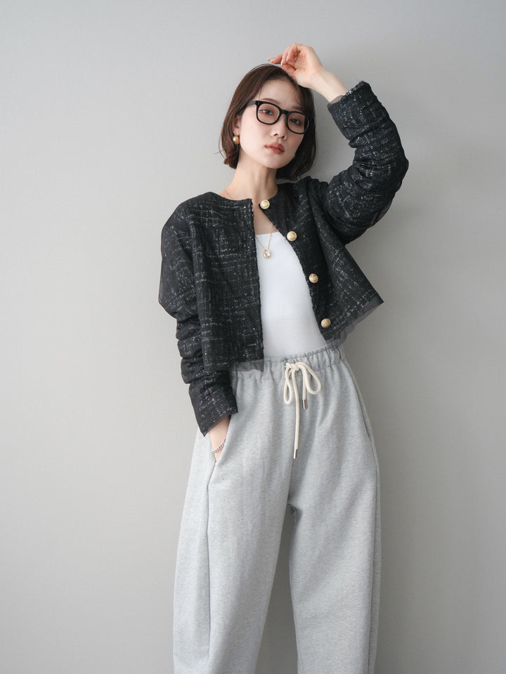 [SET]チュールレイヤードツイードクロップドジャケット+裾ZIPスエットワイドパンツ(2set)