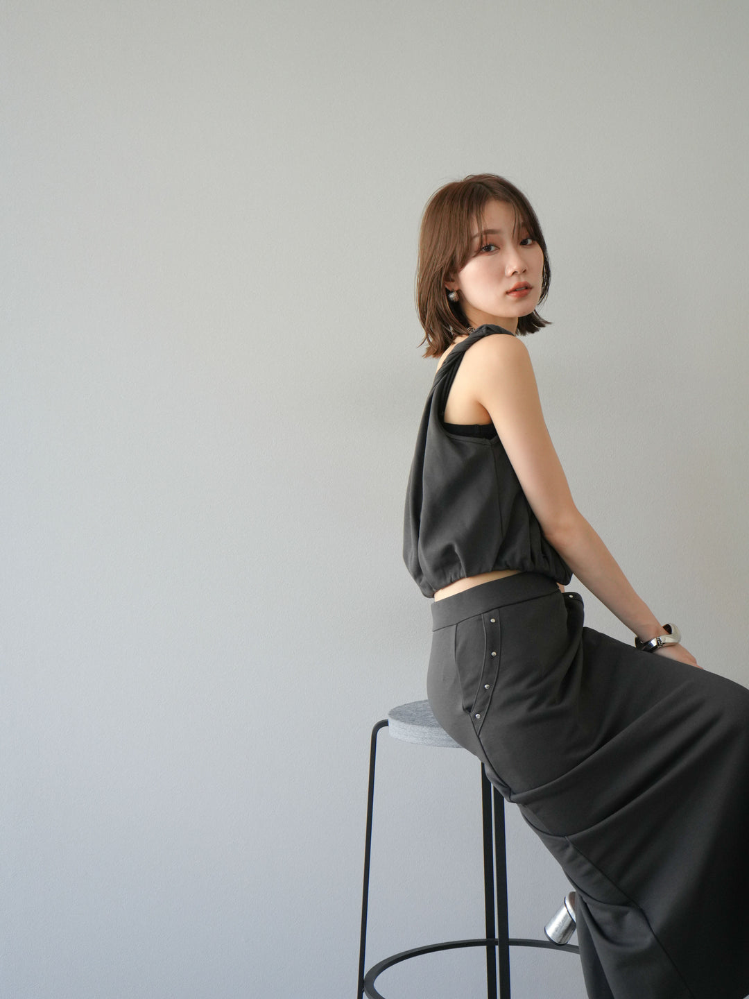 [SET]ミニ裏毛ツイストキャミバルーントップス＆Iラインスカート(2set)