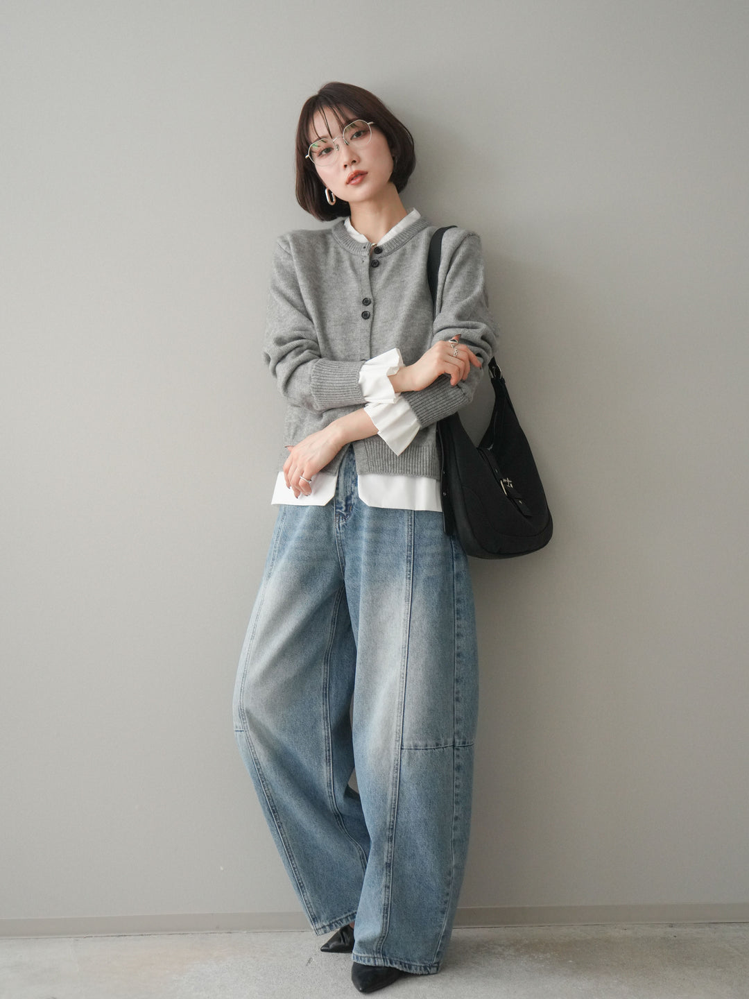 [SET]布帛ドッキングニットカーディガン+ガーメントウォッシュカーブデニムパンツ(2set)