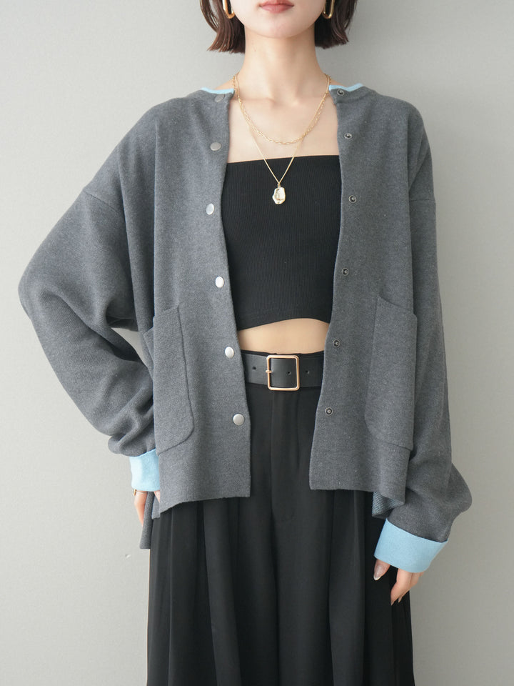 [SET]バイカラーオーバーニットカーディガン+タックベルトループワイドパンツ(2set)