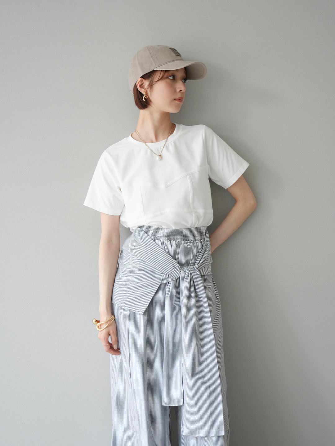 [SET]ビスチェデザインTシャツ+ウエスト巻きストライプイージーパンツ(2set)