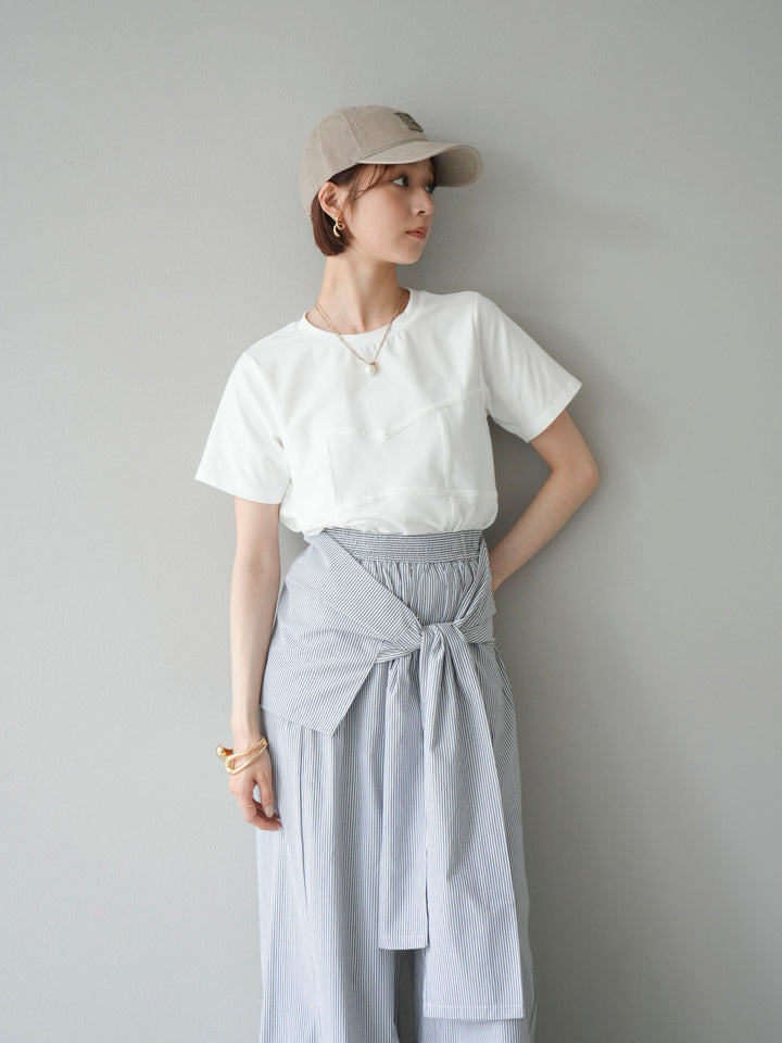 [SET]ビスチェデザインTシャツ+ウエスト巻きストライプイージーパンツ(2set)