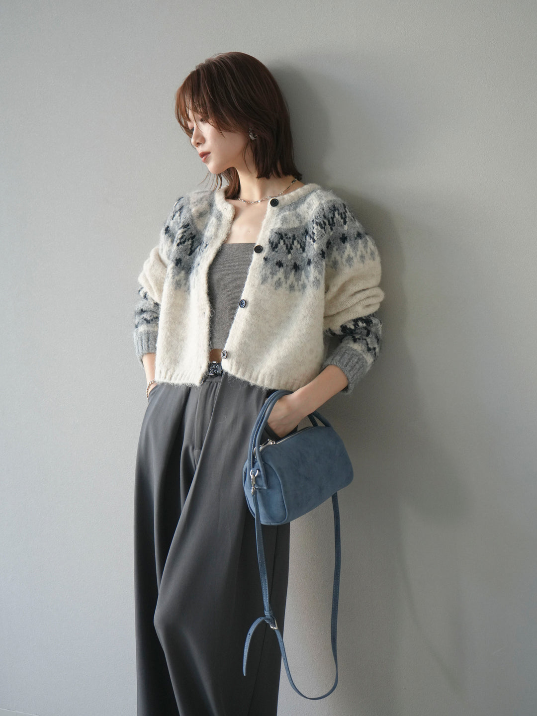 【着回しセット】[SET]求心柄クロップドニットカーディガン+異素材ミックスヤーンニットプルオーバー+ベルトループデザインワイドパンツ(3set)