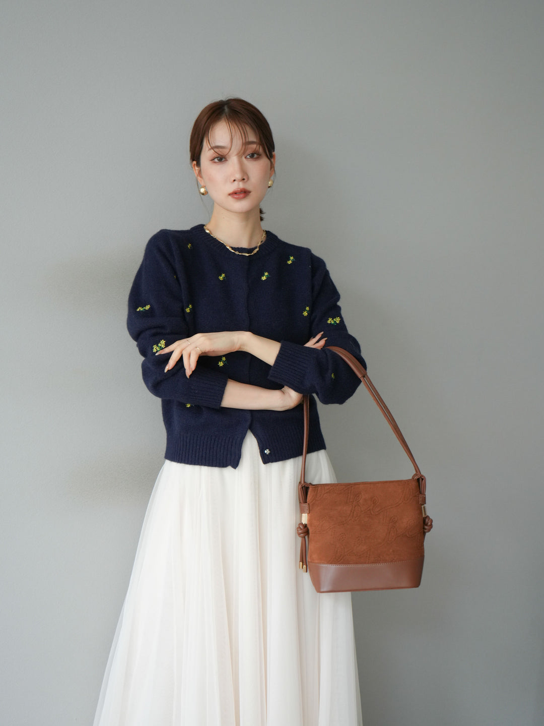 [SET]フラワー刺繍ニットカーディガン+チュールボリュームスカート(2set)