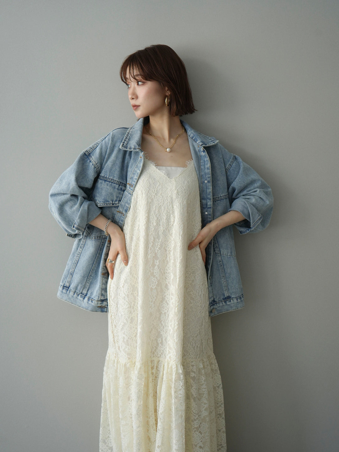 [SET]ギャザー切替レースキャミワンピース+デザインBIGポケットオーバーデニムジャケット(2set)