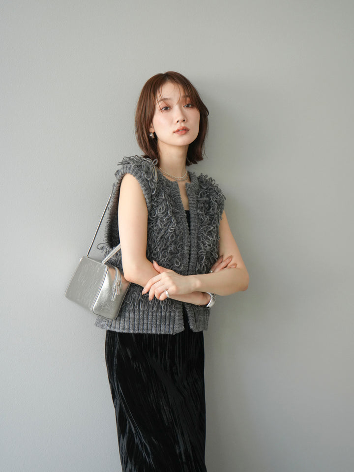 [SET]レザー襟オンブレチェックオーバーシャツ +ループデザインホックベスト +クラッシュベロアナロースカート(3set)