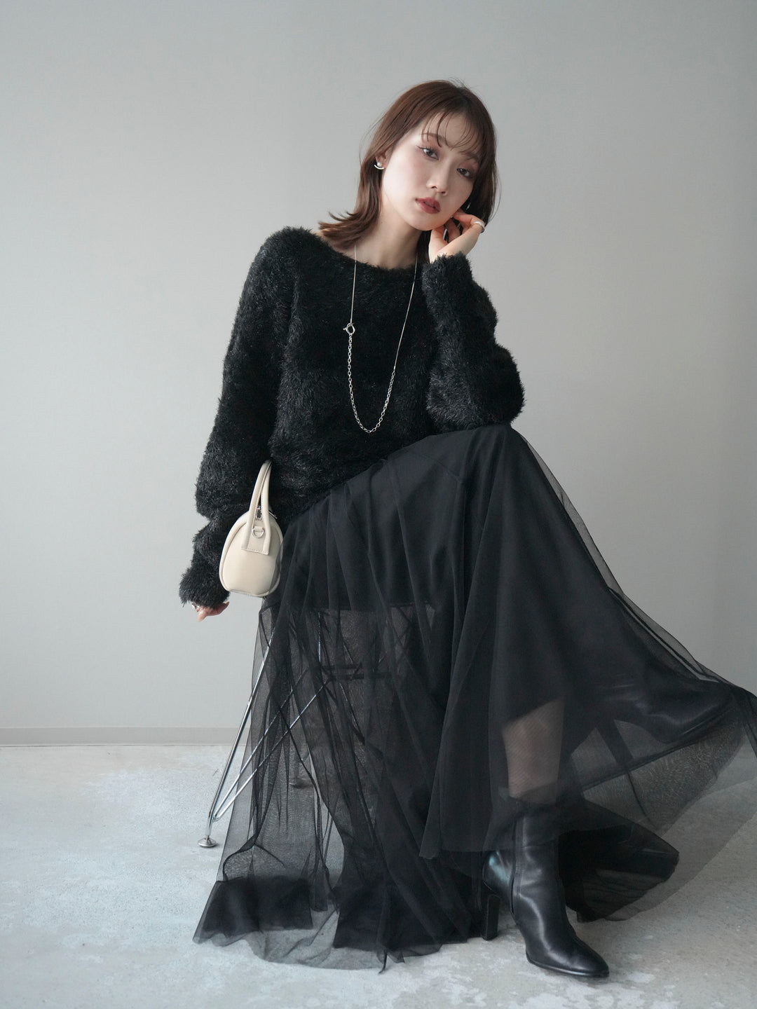 [予約]ラメシャギードルマンニットプルオーバー/black