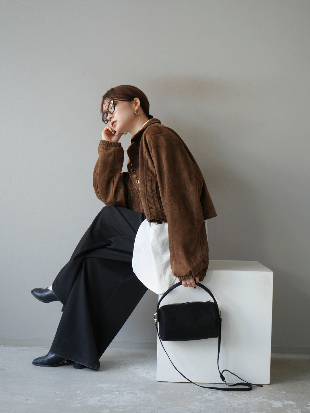 [予約]パンチングデザインスエードショートジャケット/ブラウン