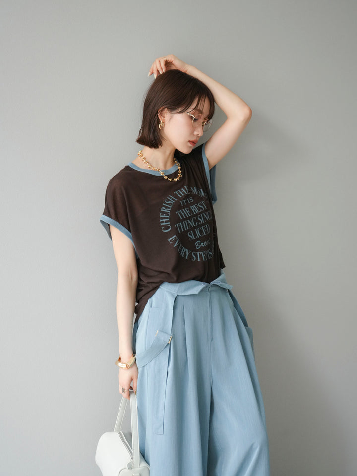 [SET]ストリングデザインハイウエストサロペット+シアーフライス ロゴプリントT (2set)