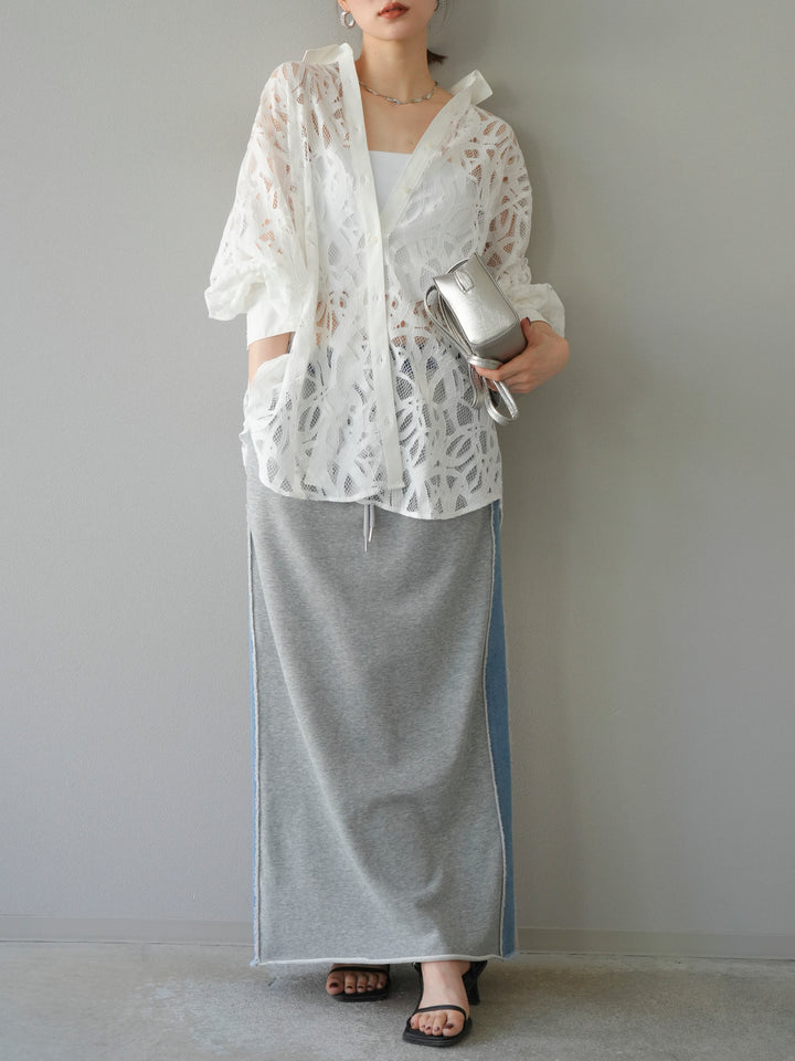 [SET]コードレースオーバーシャツ+デニムドッキングスウェットスカート(2set)