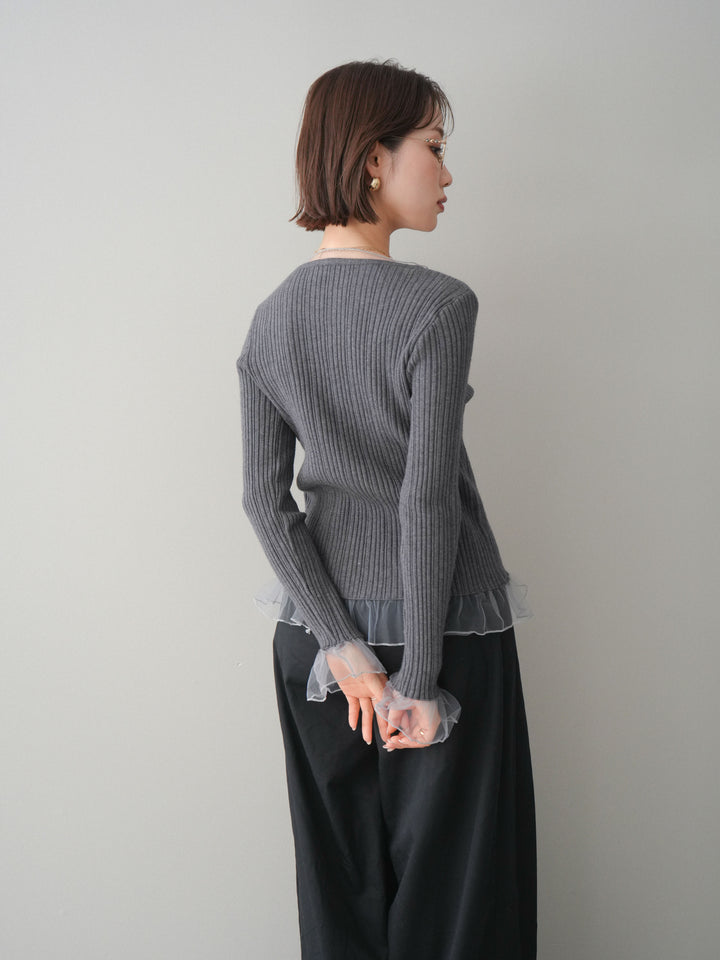[予約]チュールレイヤードリブニットトップス/gray