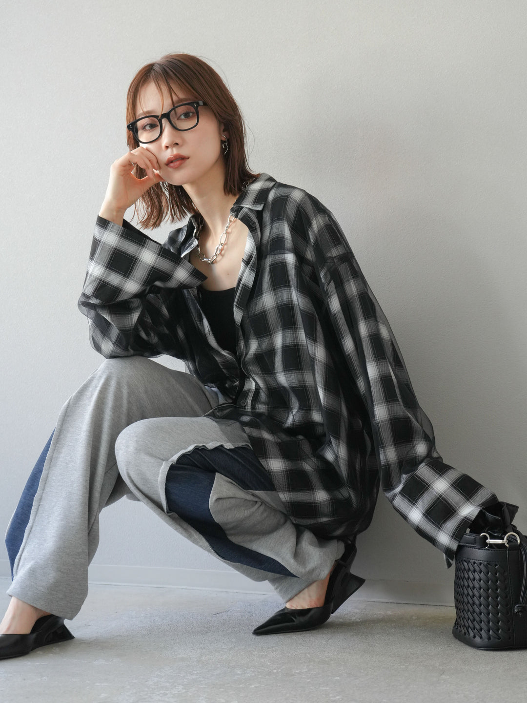 [套裝] 薄紗對接格紋寬鬆襯衫 + 牛仔布 Switch 2-Way 設計運動褲 (2 套)