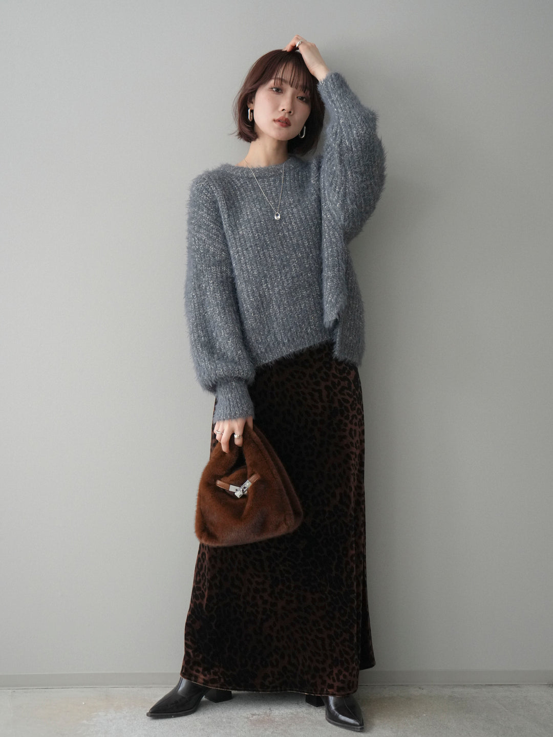 [SET]ボリュームスリーブシャギー MIXニットプルオーバー+レオパードベロアナロースカート(2set)