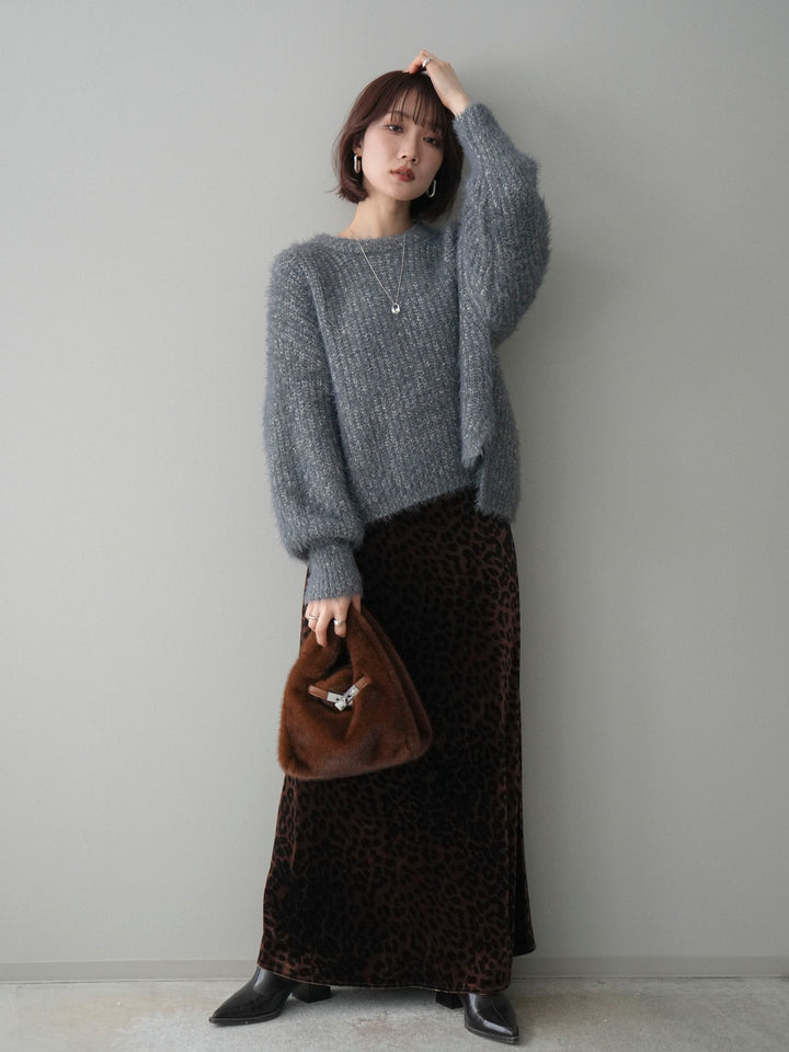 [SET]ボリュームスリーブシャギー MIXニットプルオーバー+レオパードベロアナロースカート(2set)
