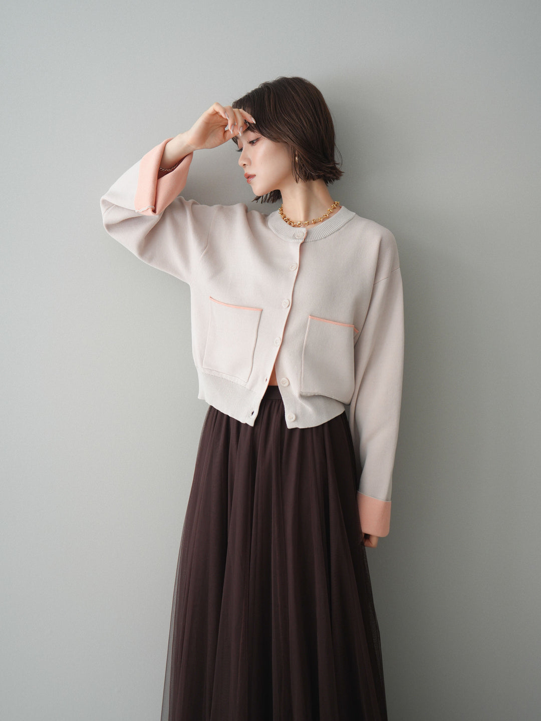 [SET]レーヨンポリダブルフェイスニットカーディガン+チュールボリュームスカート(2set)