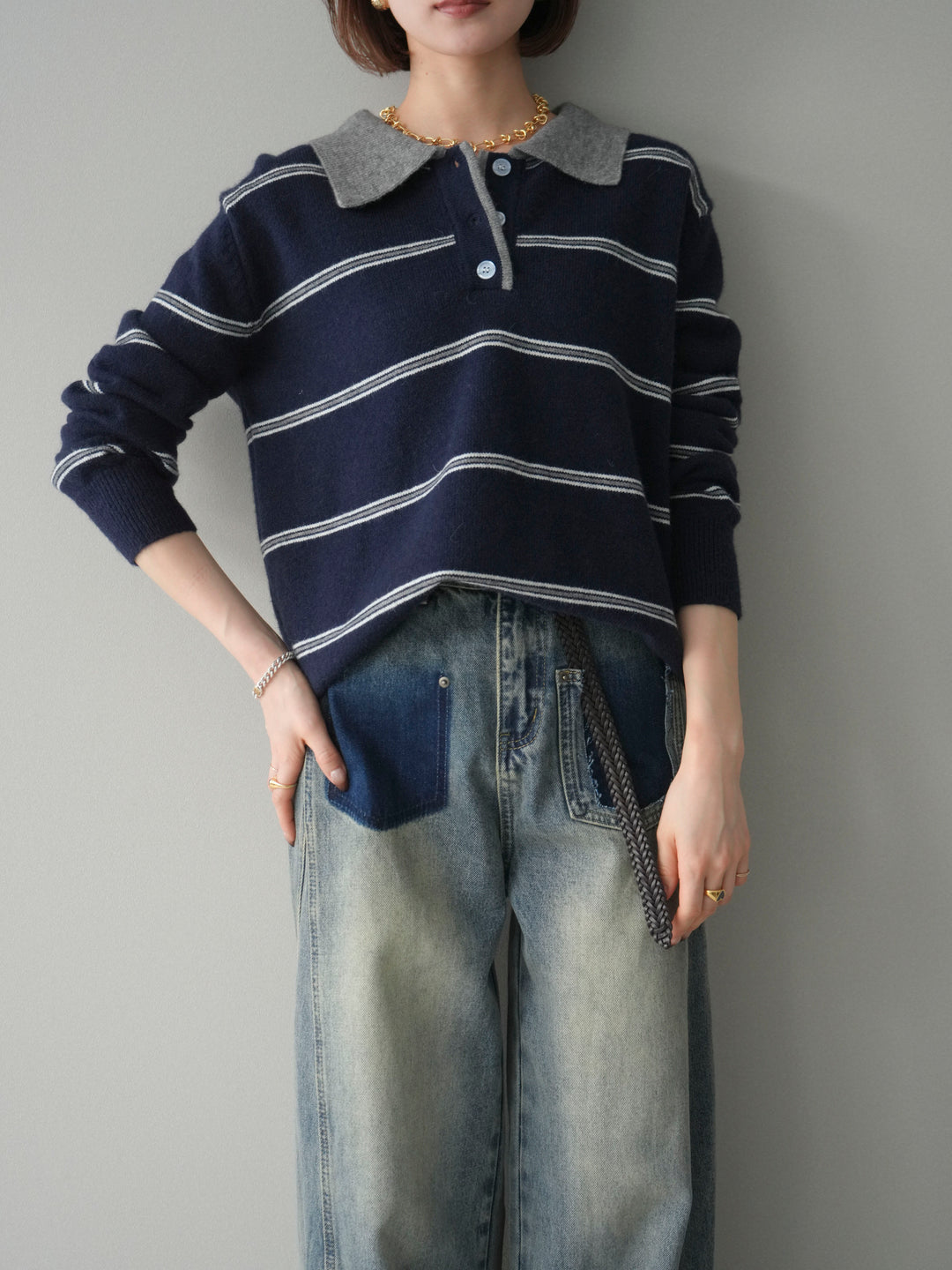[予約]バイカラーボーダーポロニットプルオーバー/navy