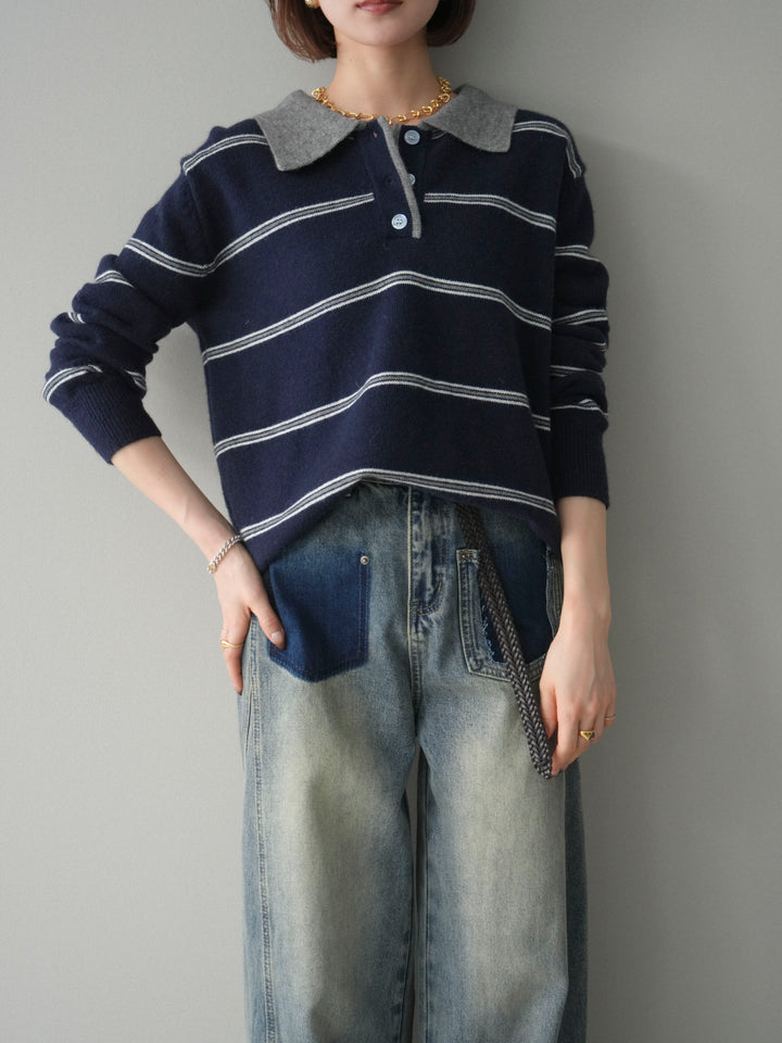 [予約]バイカラーボーダーポロニットプルオーバー/navy