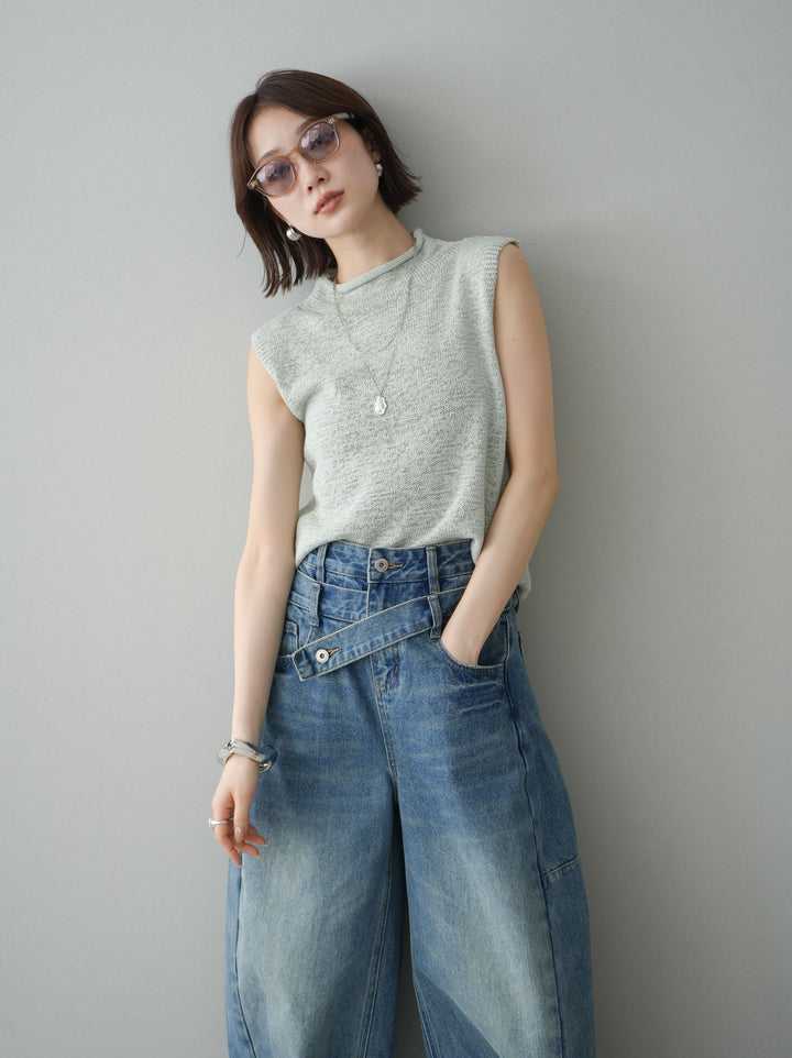 【套裝】無袖亞麻質感透視針織套頭衫 + 不對稱闊腿牛仔褲（兩件套）