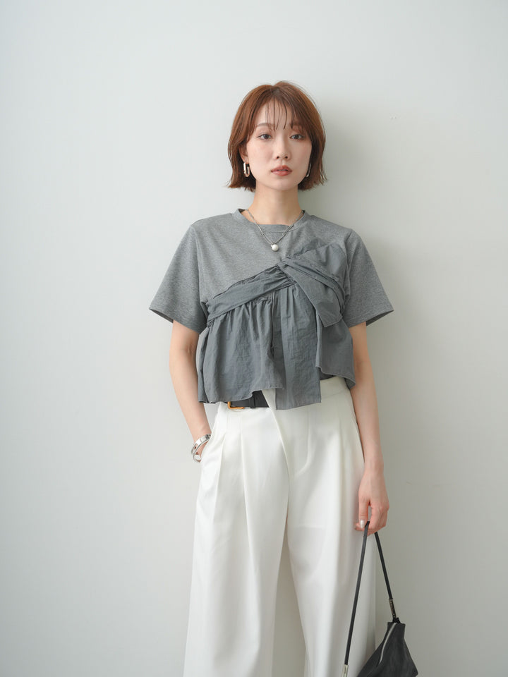 [SET]ナイロンドッキングツイストTEE +アシンメトリーベルトタックワイドパンツ(2set)