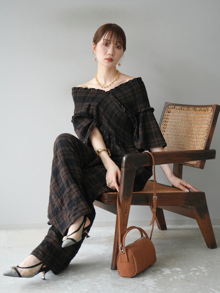 [予約]チェック柄ハーフスリーブシャーリングクロスサロペット/ブラウン