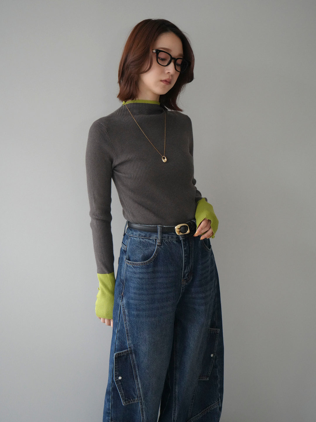 [SET]袖ボタンハイネック配色リブニットトップス+袖ボタンハイネック配色リブニットトップス(2set)