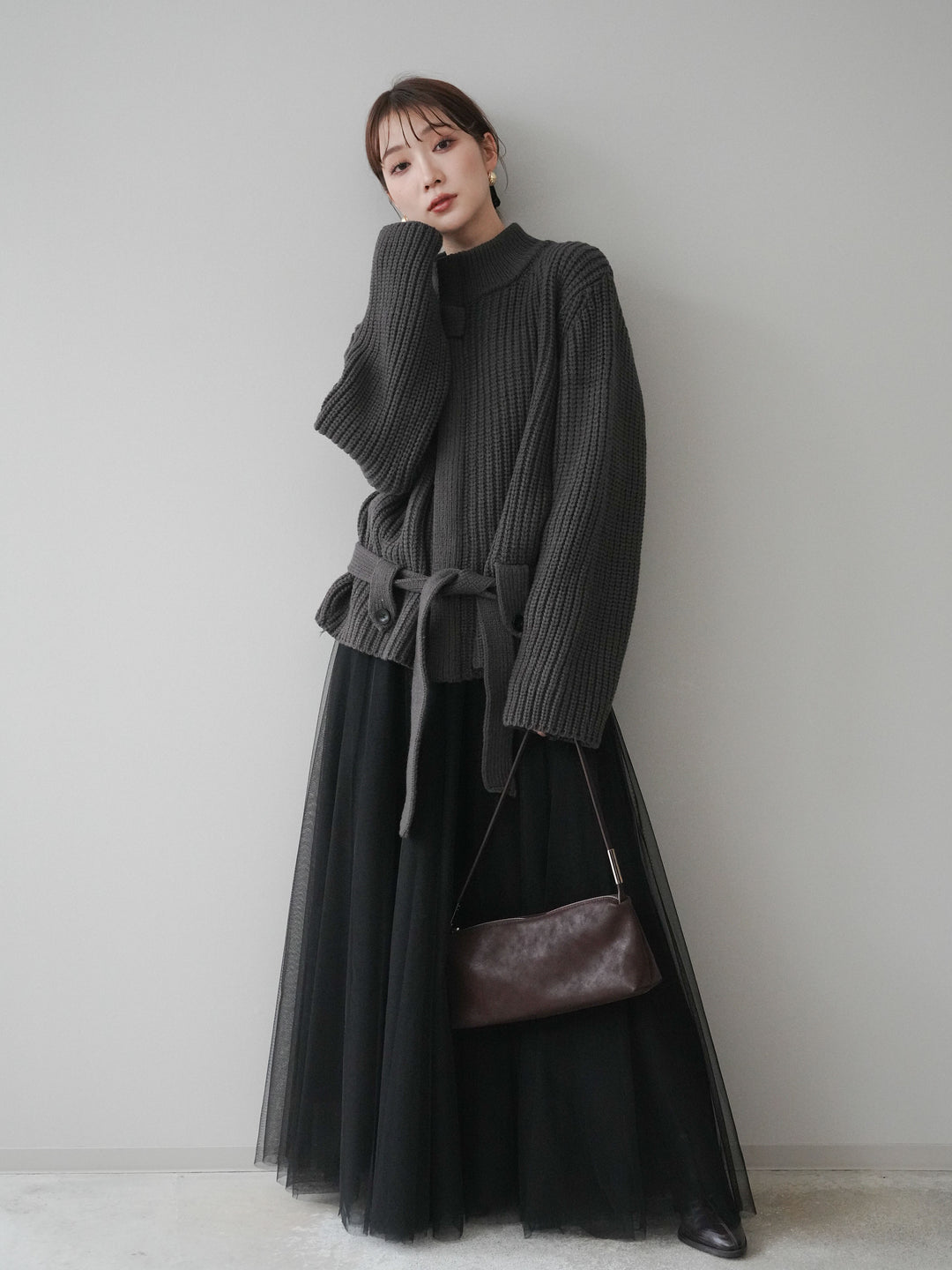[SET]畦編みボトルネックZIPニットカーディガン+チュールボリュームスカート(2set)