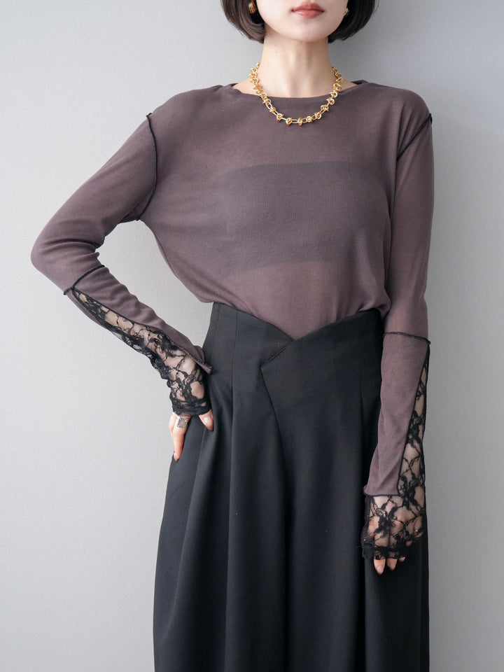 [予約]袖レースレイヤードデザインメロートップス/brown