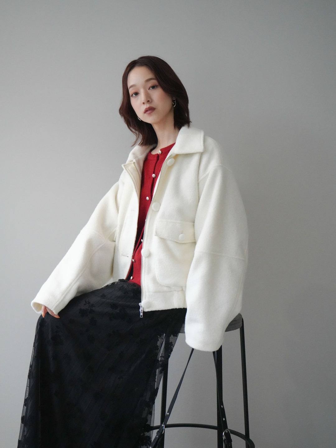 [SET]ウールライクフライトジャケット+アンティークボタンニットカーディガン(2set)