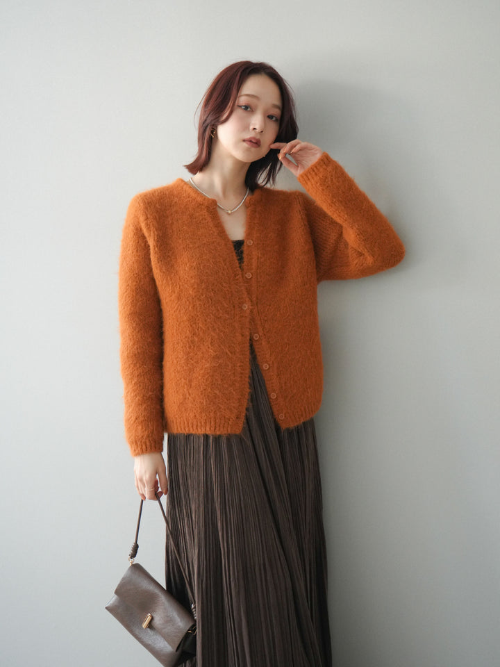 [予約]キーネックシャギーニットカーディガン/camel