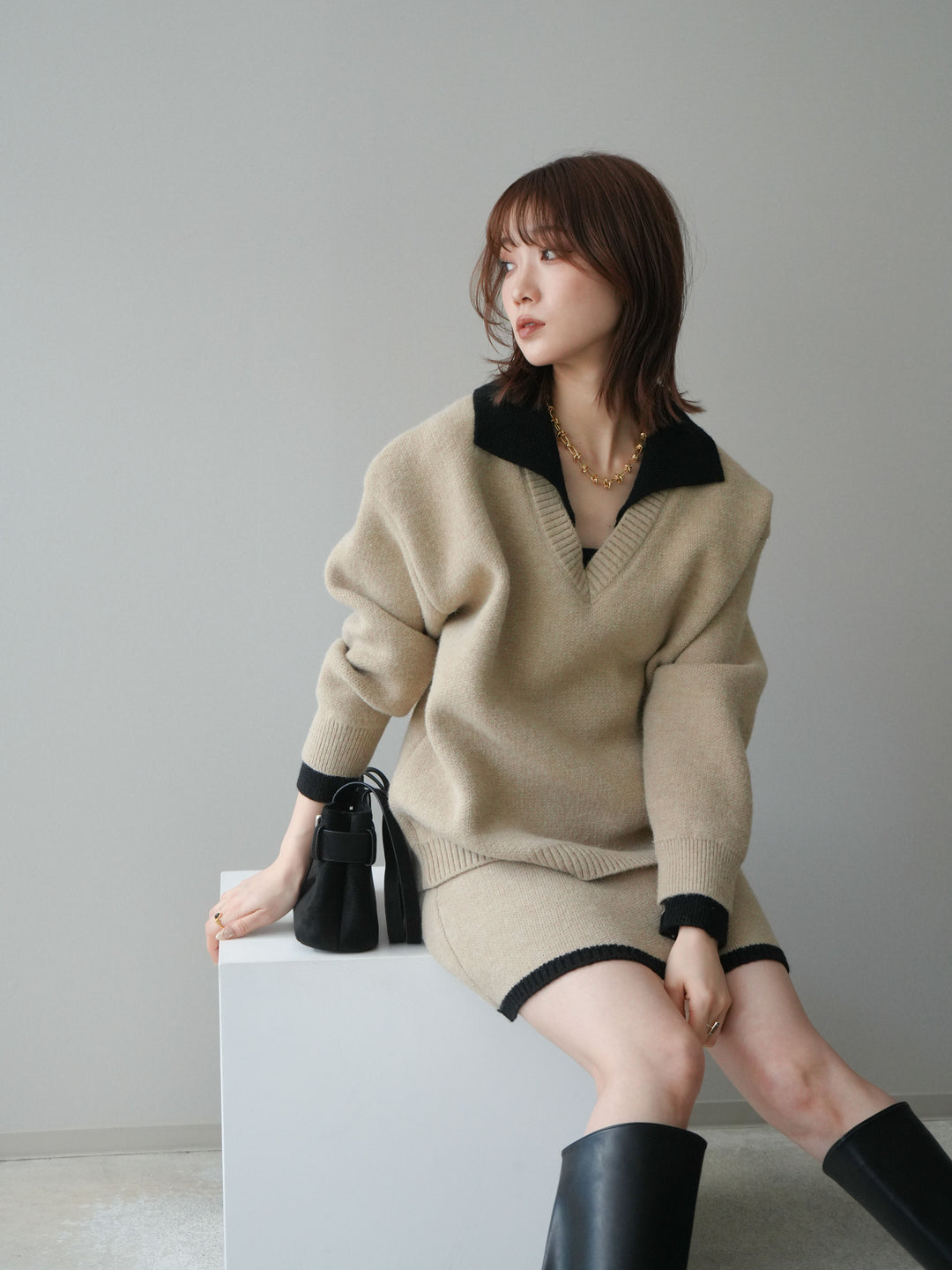 [SET]配色襟ニット＆ミニスカートSET UP+配色襟ニット＆ミニスカートSET UP(2set)