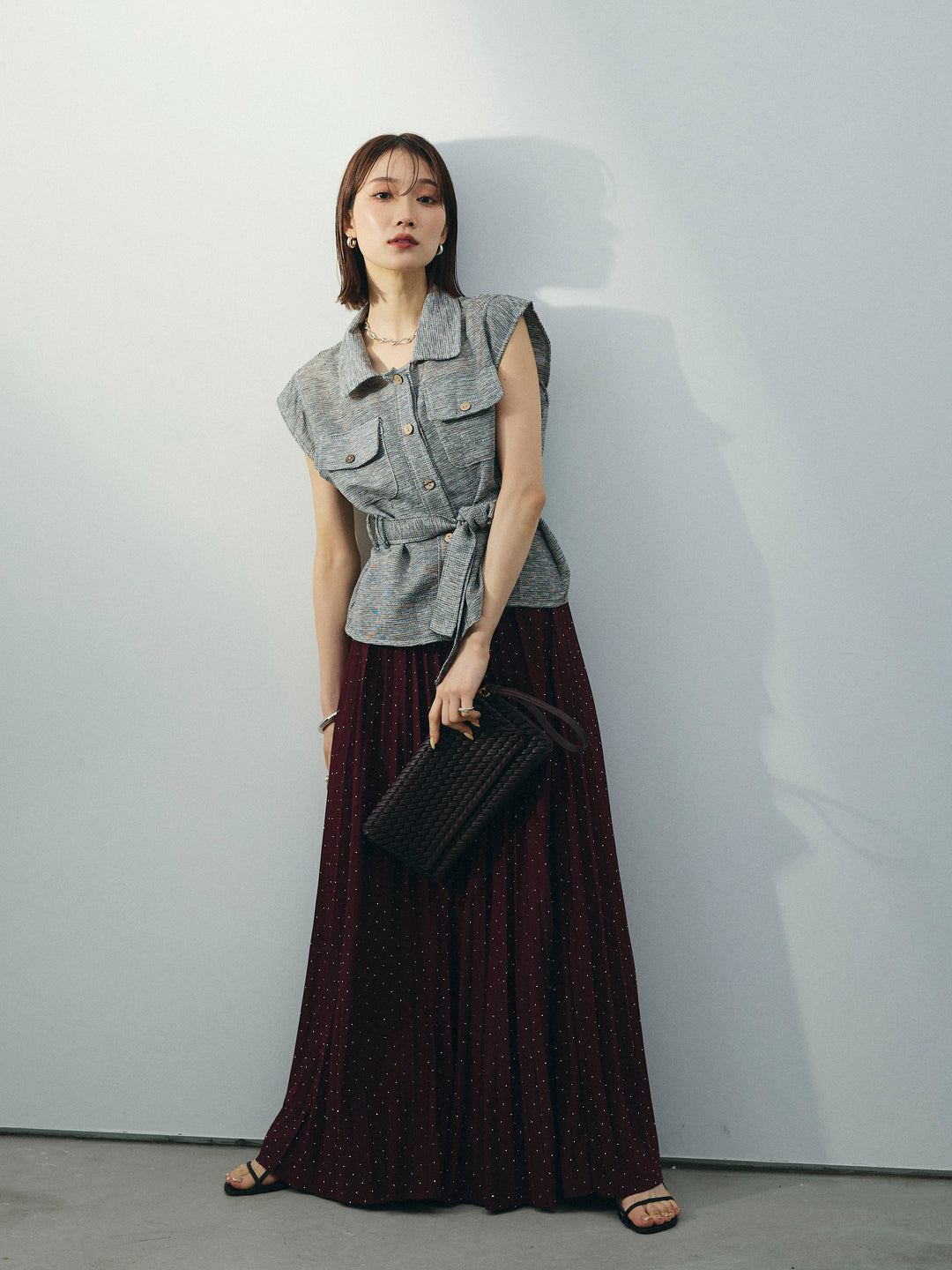 [予約]ラインストーンプリーツスカート/バーガンディー