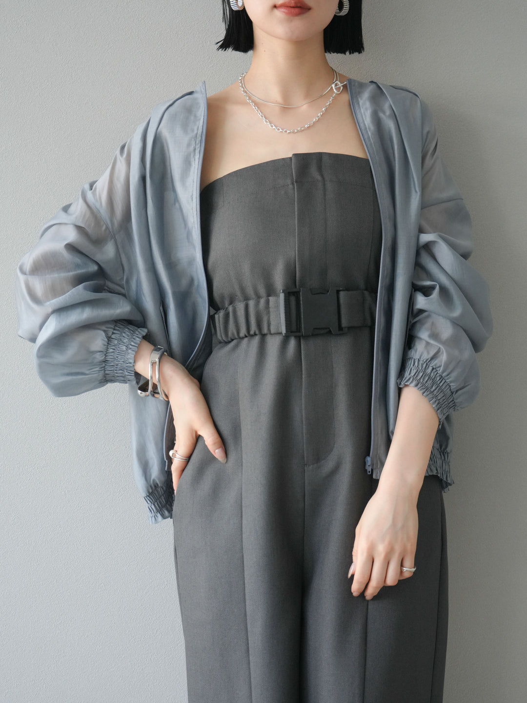 [SET]タックデザインシアーブルゾン+ヘザーツイルベルト付ベアサロペット(2set)