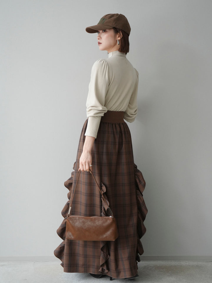 [SET]プチネックパワーショルダー起毛トップス+チェック柄フリルハイウエストマキシスカート(2set)