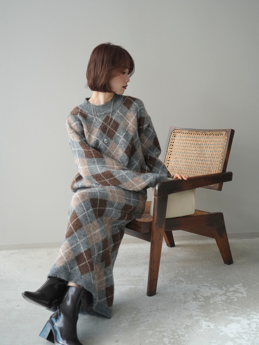 [SET]アーガイルニットプルオーバー&ロングスカートSET UP+選べるアクセセット(2set)