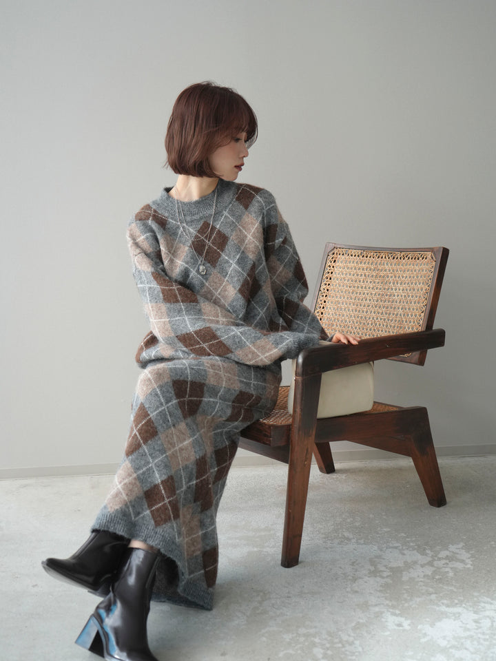 [SET]アーガイルニットプルオーバー&ロングスカートSET UP+選べるアクセセット(2set)