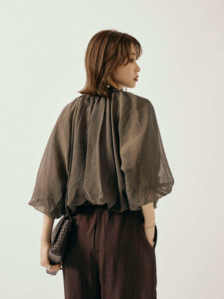 [予約]オーガンジーバルーンショートブラウス/チャコール