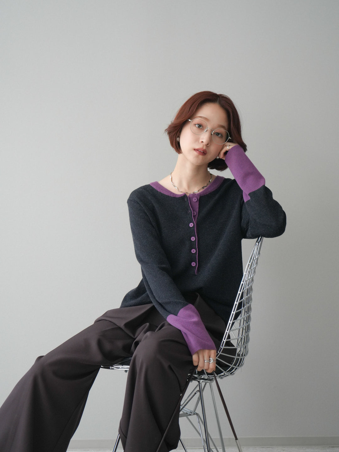 [SET]ヘンリーネック配色ニットソー+ベルトループデザインワイドパンツ(2set)