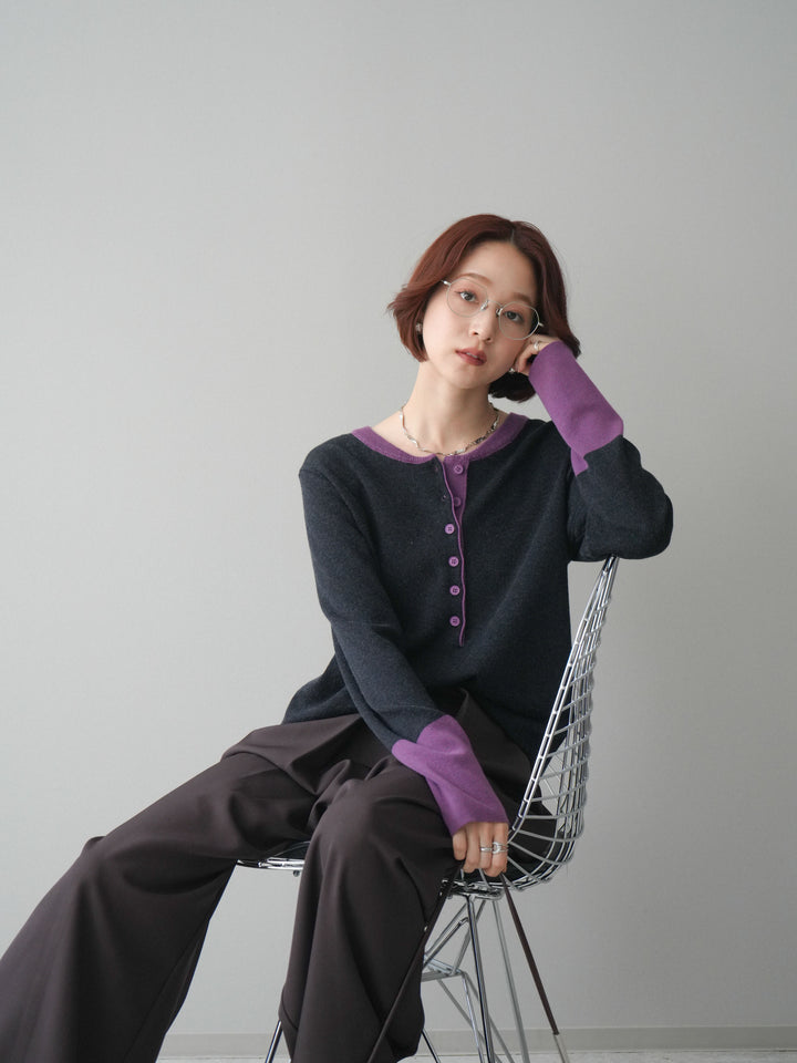 [SET]ヘンリーネック配色ニットソー+ベルトループデザインワイドパンツ(2set)