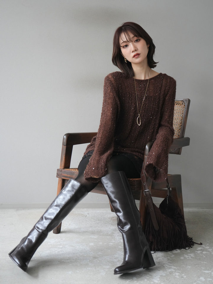 [予約]スパンコール異素材ストライプニットプルオーバー/brown