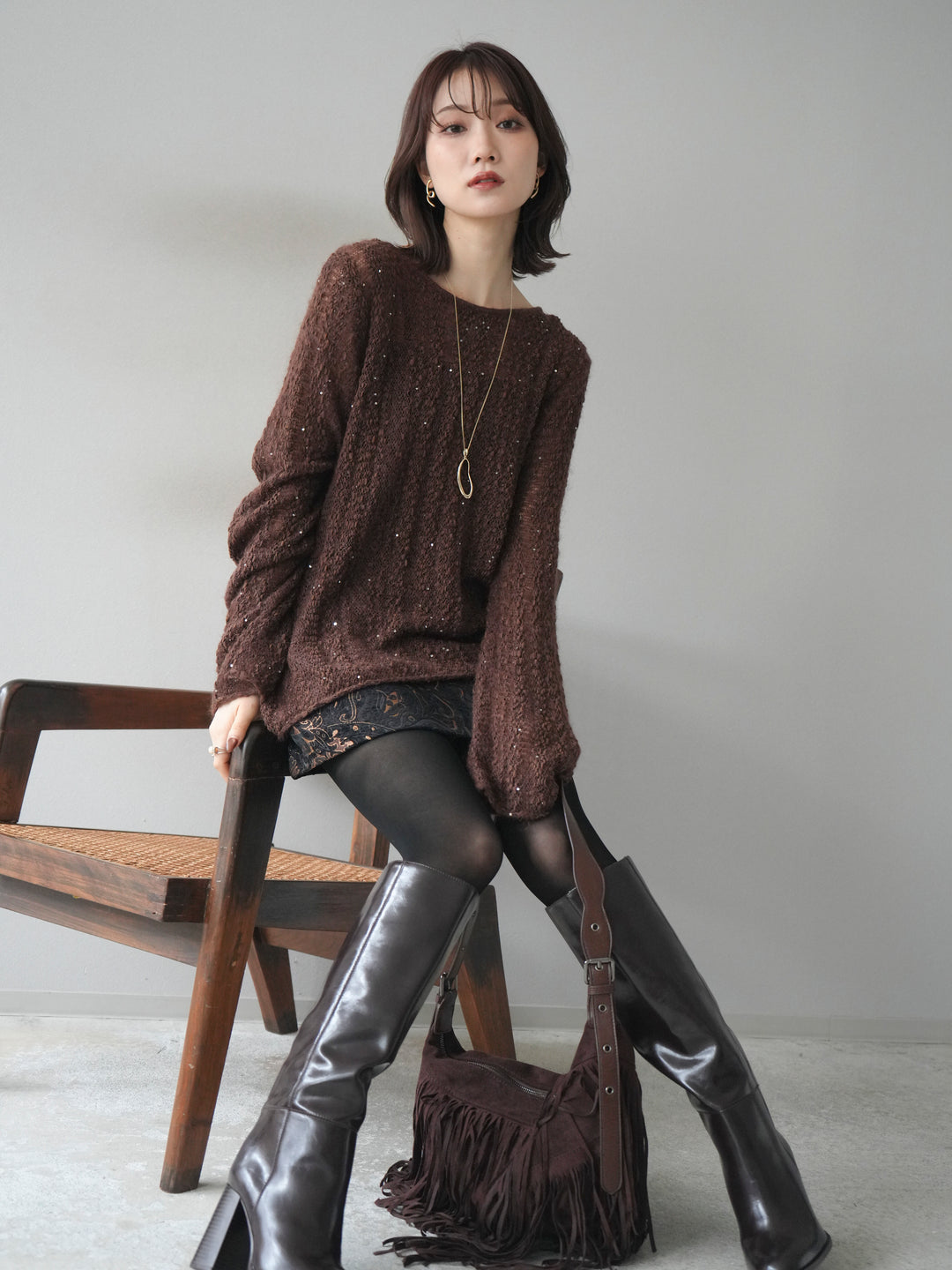 [予約]スパンコール異素材ストライプニットプルオーバー/brown