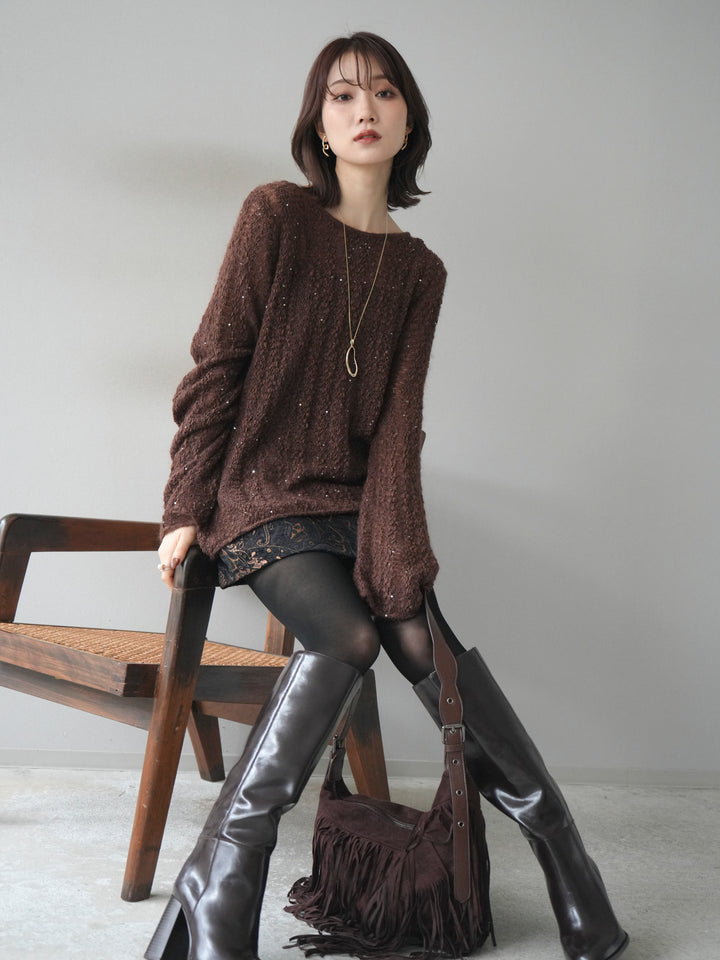 [予約]スパンコール異素材ストライプニットプルオーバー/brown