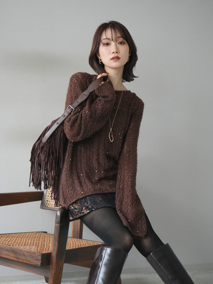 [予約]スパンコール異素材ストライプニットプルオーバー/brown