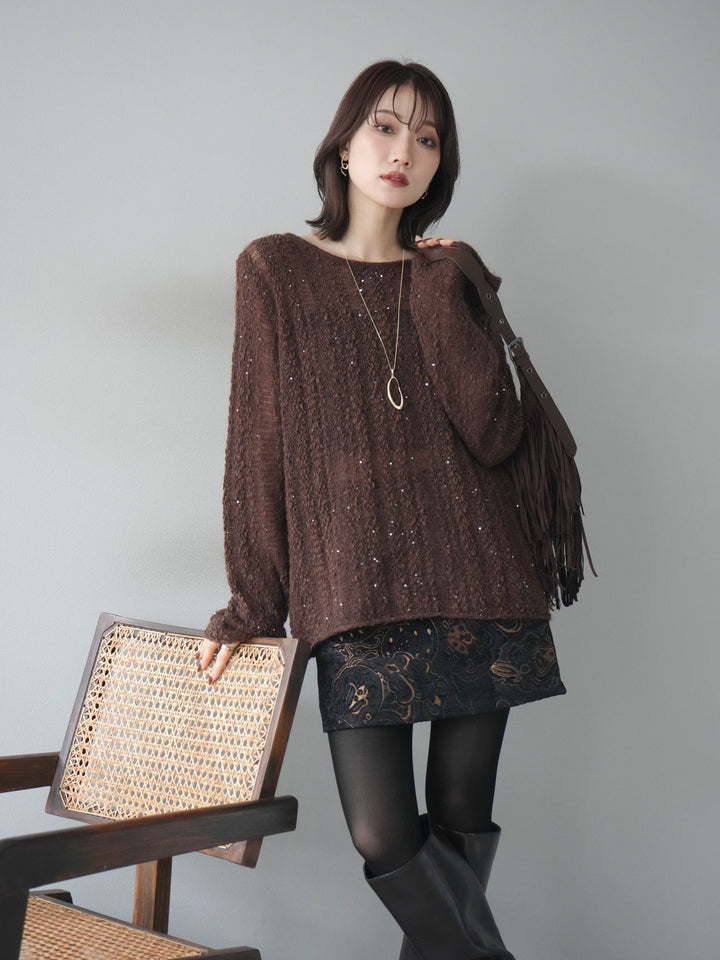 [予約]スパンコール異素材ストライプニットプルオーバー/brown